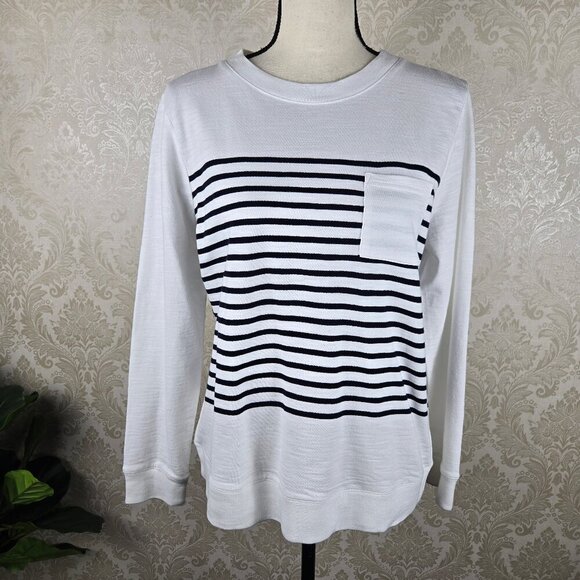 Talbots Size PM White Navy Blue Striped Lightweight Sweatshirt Chest Pocket NWT - Picture 1 of 12